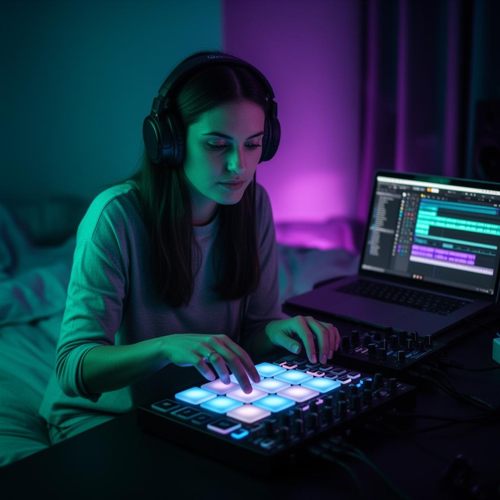 Beatmaker tapping a drum pad while making a beat with SADNAD
